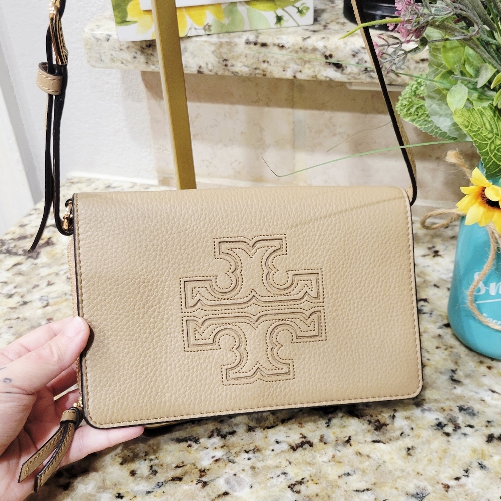Tory Burch Light Brown Harper Flap Crossbody Bag
